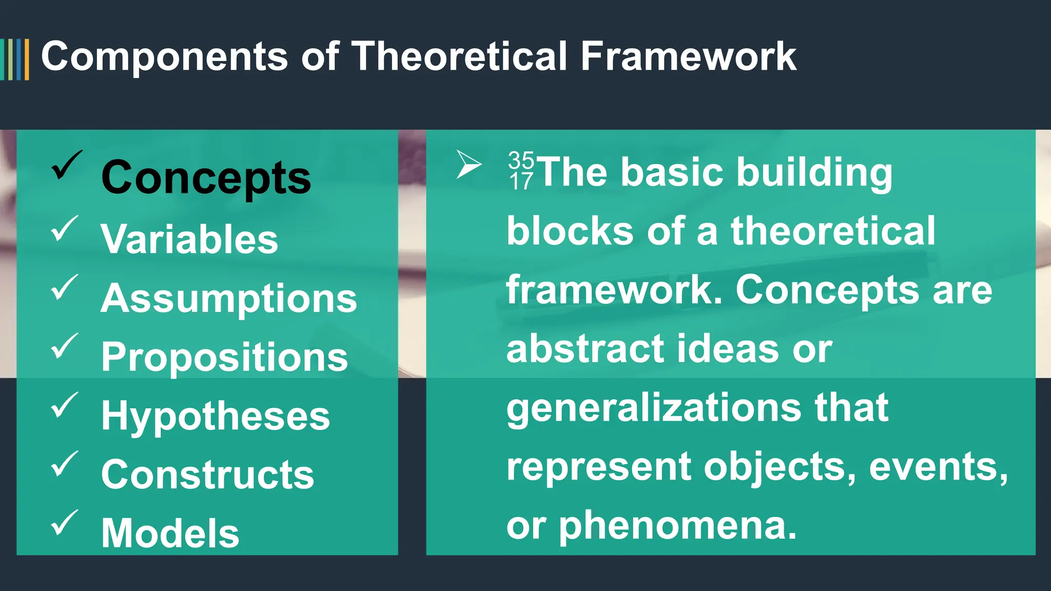 Components of Theoretical Framework
 Concepts
 Variables
 Assumptions
 Propositions
 Hypotheses
 Constructs
 Models
 The basic building
blocks of a theoretical
framework. Concepts are
abstract ideas or
generalizations that
represent objects, events,
or phenomena.
 