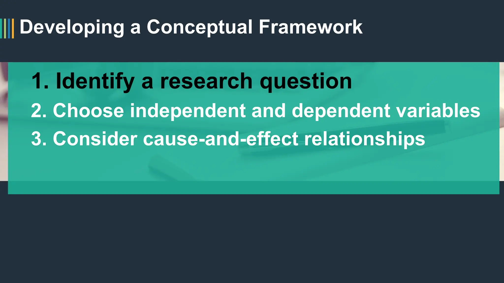Developing a Conceptual Framework
1. Identify a research question
2. Choose independent and dependent variables
3. Consider cause-and-effect relationships
 