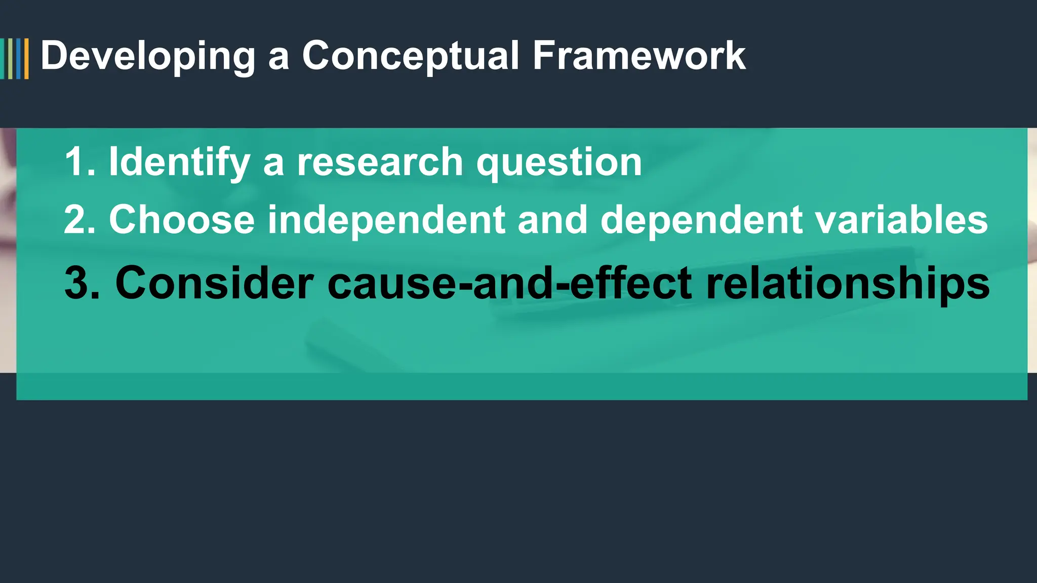 Developing a Conceptual Framework
1. Identify a research question
2. Choose independent and dependent variables
3. Consider cause-and-effect relationships
 