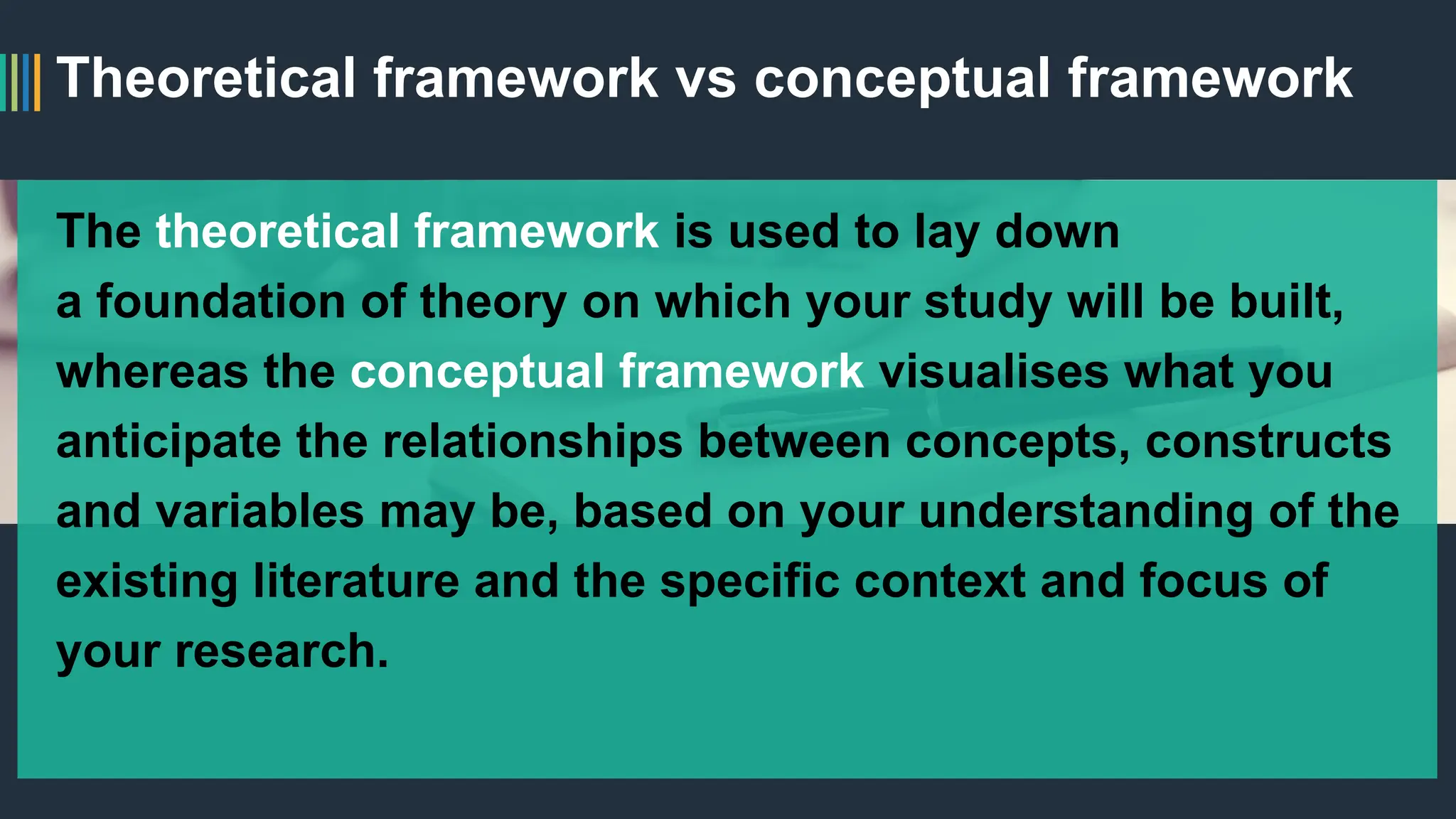 Theoretical framework vs conceptual framework
The theoretical framework is used to lay down
a foundation of theory on which your study will be built,
whereas the conceptual framework visualises what you
anticipate the relationships between concepts, constructs
and variables may be, based on your understanding of the
existing literature and the specific context and focus of
your research.
 