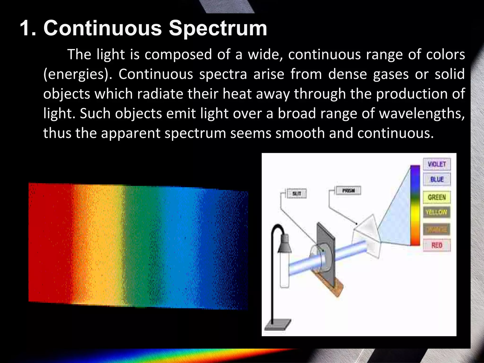 1. Continuous Spectrum
The light is composed of a wide, continuous range of colors
(energies). Continuous spectra arise from dense gases or solid
objects which radiate their heat away through the production of
light. Such objects emit light over a broad range of wavelengths,
thus the apparent spectrum seems smooth and continuous.
 