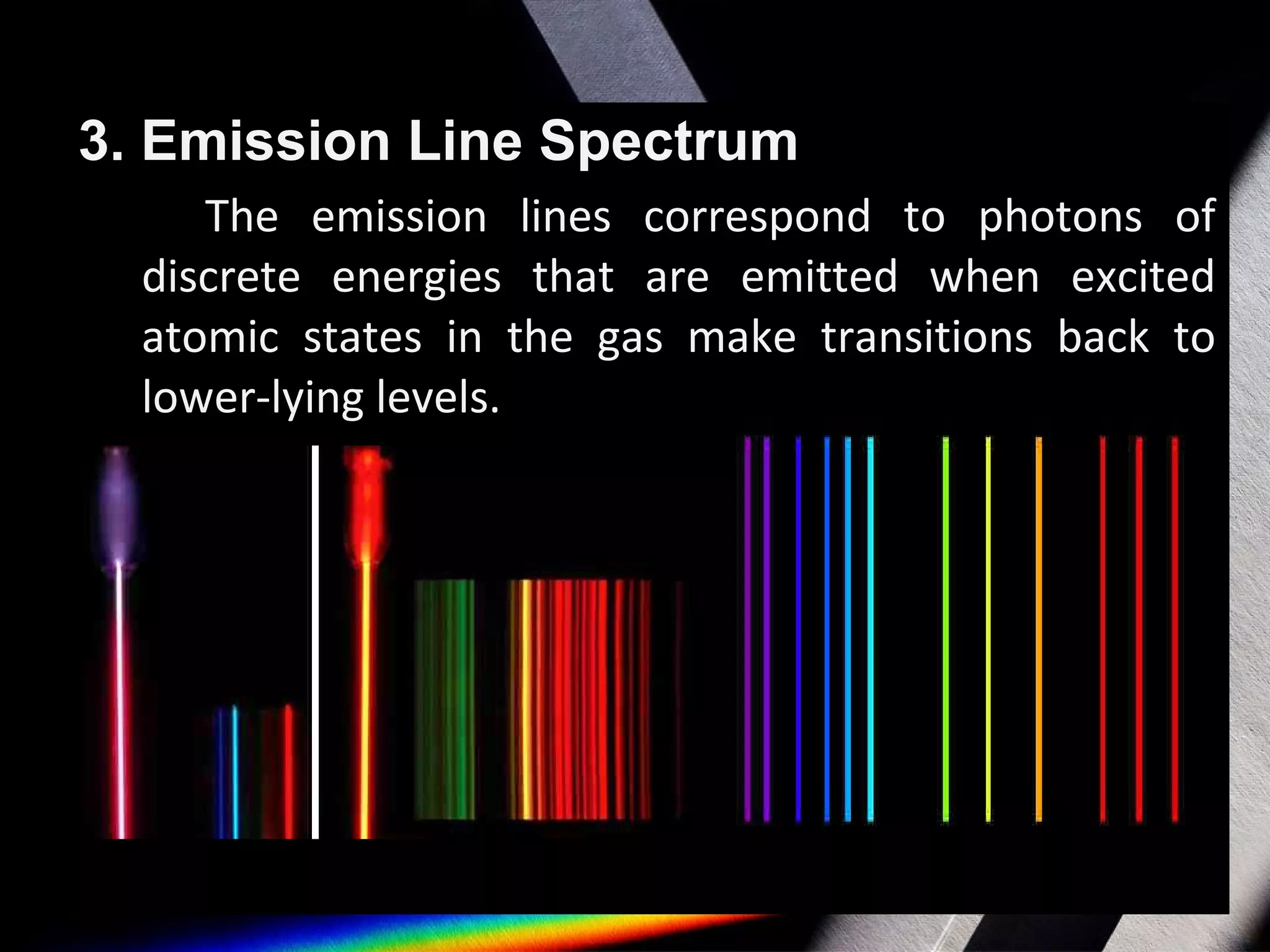 3. Emission Line Spectrum
The emission lines correspond to photons of
discrete energies that are emitted when excited
atomic states in the gas make transitions back to
lower-lying levels.
 