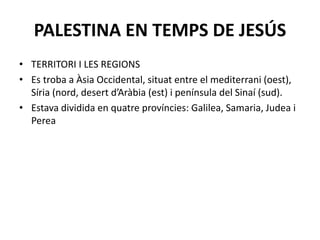 PALESTINA EN TEMPS DE JESÚS
• TERRITORI I LES REGIONS
• Es troba a Àsia Occidental, situat entre el mediterrani (oest),
Síria (nord, desert d’Aràbia (est) i península del Sinaí (sud).
• Estava dividida en quatre províncies: Galilea, Samaria, Judea i
Perea
 