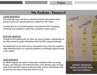 We Radiate - Website and Strategy Development
Projects
Sketch 3 Wordpress Typeform Google Drive
Surveying Personas Site Map Wire Frames
 