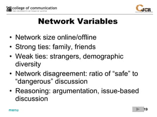 Network Variables Network size online/offline Strong ties: family, friends Weak ties: strangers, demographic diversity Network disagreement: ratio of “safe” to “dangerous” discussion Reasoning: argumentation, issue-based discussion  