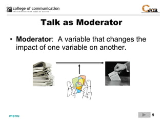 Talk as Moderator Moderator :  A variable that changes the impact of one variable on another. 