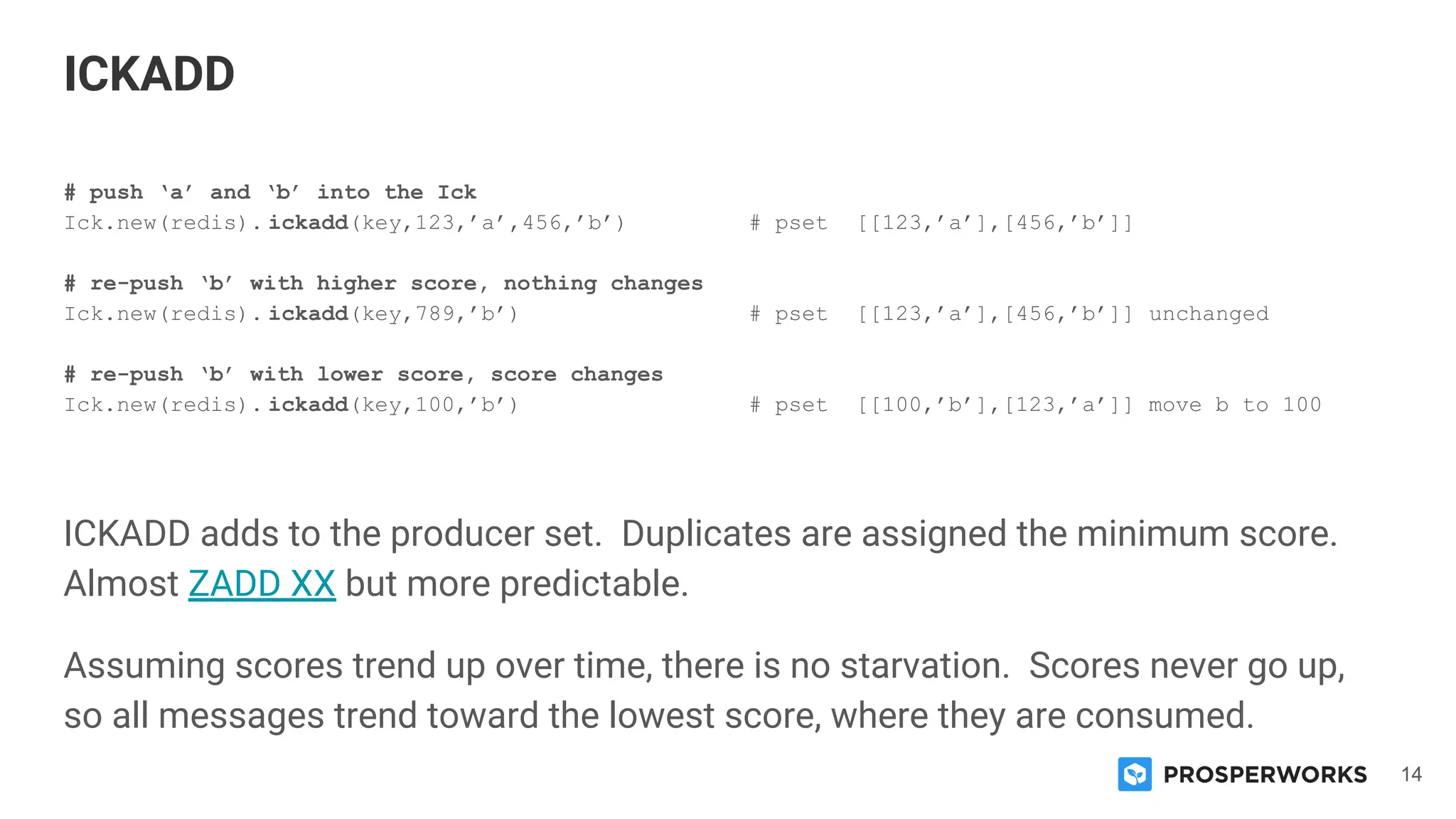 14
# push ‘a’ and ‘b’ into the Ick
Ick.new(redis). ickadd(key,123,’a’,456,’b’) # pset [[123,’a’],[456,’b’]]
# re-push ‘b’ with higher score, nothing changes
Ick.new(redis). ickadd(key,789,’b’) # pset [[123,’a’],[456,’b’]] unchanged
# re-push ‘b’ with lower score, score changes
Ick.new(redis). ickadd(key,100,’b’) # pset [[100,’b’],[123,’a’]] move b to 100
ICKADD adds to the producer set. Duplicates are assigned the minimum score.
Almost ZADD XX but more predictable.
Assuming scores trend up over time, there is no starvation. Scores never go up,
so all messages trend toward the lowest score, where they are consumed.
ICKADD
 