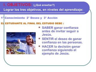  SABER ganar confianza
antes de invitar seguir a
Jesús.
 SENTIR el deseo de ganar
confianza en las personas.
 HACER la decisión ganar
confianza siguiendo el
ejemplo de Jesús.
1° Conocimiento 2° Deseo y 3° Acción
EL ESTUDIANTE AL FINAL DEL ESTUDIO DEBE :
I. OBJETIVOS: (¿Qué enseñar?)
Lograr los tres objetivos, en niveles del aprendizaje:
 
