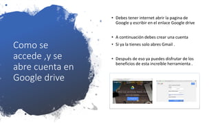 Como se
accede ,y se
abre cuenta en
Google drive
• Debes tener internet abrir la pagina de
Google y escribir en el enlace Google drive
• A continuación debes crear una cuenta
• Si ya la tienes solo abres Gmail .
• Después de eso ya puedes disfrutar de los
beneficios de esta increíble herramienta .
 