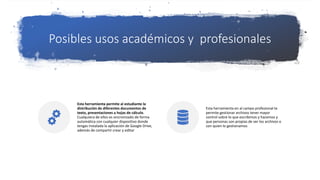 Posibles usos académicos y profesionales
Esta herramienta permite al estudiante la
distribución de diferentes documentos de
texto, presentaciones u hojas de cálculo.
Cualquiera de ellos es sincronizado de forma
automática con cualquier dispositivo donde
tengas instalada la aplicación de Google Drive,
además de compartir crear y editar
Esta herramienta en al campo profesional te
permite gestionar archivos tener mayor
control sobre lo que escribimos y hacemos y
que personas son propias de ver los archivos o
con quien lo gestionamos
 