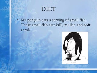 DIET My penguin eats a serving of small fish. These small fish are: krill, mullet, and soft carol.