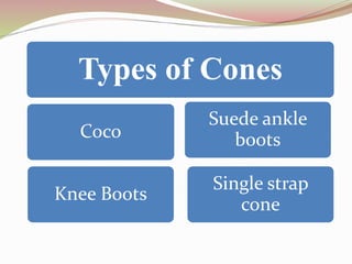 Types of Cones
Coco
Knee Boots
Suede ankle
boots
Single strap
cone
 