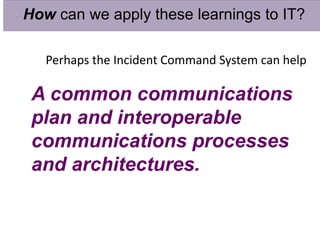 A common communications
plan and interoperable
communications processes
and architectures.
How can we apply these learnings to IT?
Perhaps the Incident Command System can help
 