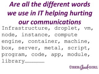 Are all the different words
we use in IT helping hurting
our communications
Infrastructure, droplet, vm,
node, instance, compute
engine, container, machine,
box, server, metal, script,
program, code, app, module,
library………………
 