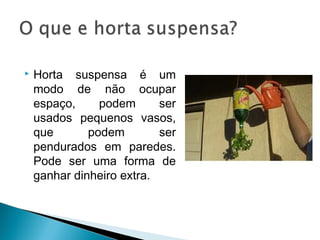    Horta suspensa é um
    modo de não ocupar
    espaço,     podem      ser
    usados pequenos vasos,
    que       podem        ser
    pendurados em paredes.
    Pode ser uma forma de
    ganhar dinheiro extra.
 