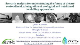 Scenario analysis for understanding the future of dietary
seafood intake: integration of ecological and nutritional
modelling approaches
Jessica A. Gephart
PostdoctoralFellow, The National Socio-EnvironmentalSynthesis Center
Christopher D. Golden
Research Scientist, Harvard T.H. Chan School of Public Health
Bapu Vaitla
Postdoctoralfellow, Harvard T.H. Chan School of Public Health
Global Workshop on Nutrition-sensitiveFish Agri-food Systems,
Siem Reap,Cambodia December8, 2017
 