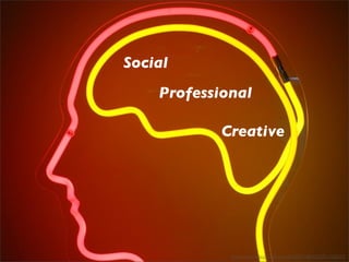 Social
Professional
Creative
http://www.ﬂickr.com/photos/26480501@N06/2961565820/
 