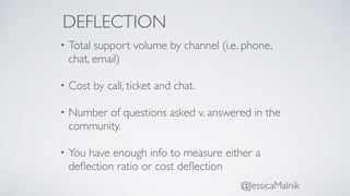 DEFLECTION
• Total support volume by channel (i.e. phone,
chat, email)
• Cost by call, ticket and chat.
• Number of questi...