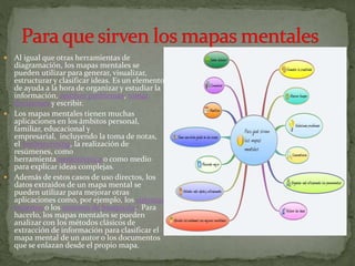  Al igual que otras herramientas de
diagramación, los mapas mentales se
pueden utilizar para generar, visualizar,
estructurar y clasificar ideas. Es un elemento
de ayuda a la hora de organizar y estudiar la
información, resolver problemas, tomar
decisiones y escribir.
 Los mapas mentales tienen muchas
aplicaciones en los ámbitos personal,
familiar, educacional y
empresarial,1 incluyendo la toma de notas,
el brainstorming, la realización de
resúmenes, como
herramienta nemotécnica o como medio
para explicar ideas complejas.
 Además de estos casos de uso directos, los
datos extraídos de un mapa mental se
pueden utilizar para mejorar otras
aplicaciones como, por ejemplo, los sistemas
expertos o los motores de búsqueda.2 Para
hacerlo, los mapas mentales se pueden
analizar con los métodos clásicos de
extracción de información para clasificar el
mapa mental de un autor o los documentos
que se enlazan desde el propio mapa.
 