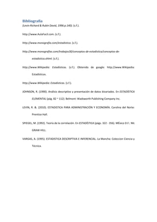 Bibliografía
(Levin Richard & Rubin David, 1996:p.140). (s.f.).

http://www.AulaFacil.com. (s.f.).

http://www.monografia.com/estadistica. (s.f.).

http://www.monografias.com/trabajos30/conceptos-de-estadistica/conceptos-de-

        estadistica.shtml. (s.f.).

http://www.Wikipedia: Estadísticas. (s.f.). Obtenido de google: http://www.Wikipedia:

        Estadísticas.

http://www.Wikipedia: Estadísticas. (s.f.).

JOHNSON, R. (1990). Análisis descriptívo y presentación de datos bivariados. En ESTADÍSTICA

        ELEMENTAL (pág. 82 ~ 112). Belmont: Wadsworth Publishing Company Inc.

LEVIN, R. &. (2010). ESTADISTICA PARA ADMINISTRACIÓN Y ECONOMÍA. Carolina del Norte:

        Prentice Hall.

SPIEGEL, M. (1992). Teoría de la correlación. En ESTADÍSTICA (págs. 322 - 356). MÉxico D.F.: Mc

        GRAW-HILL.

VARGAS, A. (1995). ESTADISTICA DESCRIPTIVA E INFERENCIAL. La Mancha: Coleccion Ciencia y

        Técnica.
 