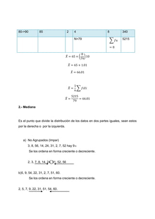 80->90          85                      2           4           8         340

                                                    N=79            ∑     5215




                                        ̅               (   )

                                            ̅

                                                ̅




                                            ̅           ∑


                                     ̅

2.- Mediana



Es el punto que divide la distribución de los datos en dos partes iguales, sean estos
por la derecha o por la izquierda.



   a) No Agrupados (Impar)
       3, 8, 56, 14, 24, 31, 2, 7, 52 hay 9
         Se los ordena en forma creciente o decreciente.


       2, 3, 7, 8, 14, 24, 31, 52, 56


b)5, 9, 54, 22, 31, 2, 7, 51, 60.
         Se los ordena en forma creciente o decreciente.


2, 5, 7, 9, 22, 31, 51, 54, 60.
 