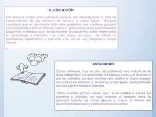JUSTIFICACIÓN
Este tema lo realizo principalmente porque me inquieta tanto la falta de
conocimientos de los alumnos de tercero, y como futura docente
considero que es alarmante todo este problema que conlleva grandes
consecuencias como la falta de valores, gran pobreza en conocimientos
adquiridos, considero que de tal manera los docentes están manejando
el aprendizaje a memoria de corto plazo, en lugar de utilizar un
aprendizaje significativo, y que este a su vez se vea reflejado a mayor
tiempo.
ANTECEDENTES
Como sabemos, hoy en día, un problema muy notorio es la
baja capacidad que presentan los adolescentes y el desinterés
por los estudios, ya que muchos solo asisten a clases porqué
sus padres los mandan y no por su propio gusto, anteponiendo
así una barrera hacia el maestro-
Otros cuantos porque saben que si no asisten a clases los
pondrán a trabajar, es aquí cuando el maestro tiene la
principal función de hacer ejercer y crecer el interés del
alumno por aprender y convivir con la sociedad.
 