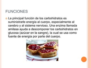 FUNCIONES 
 La principal función de los carbohidratos es 
suministrarle energía al cuerpo, especialmente al 
cerebro y al sistema nervioso. Una enzima llamada 
amilasa ayuda a descomponer los carbohidratos en 
glucosa (azúcar en la sangre), la cual se usa como 
fuente de energía por parte del cuerpo. 
 
