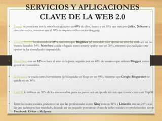 SERVICIOS Y APLICACIONES
CLAVE DE LA WEB 2.0
• Twitter se posiciona con la opción elegida por un 60% de ellos, frente a un 10% que opta por Jaiku, Nótame u
otra alternativa, mientras que el 30% ni siquiera utiliza micro-blogging.
• Google Reader ha alcanzado al 45%, mientras que Bloglines (el intocable hace apenas un año) ha caído en un no
menos deseable 34%. Netvibes queda relegado como tercera opción con un 20%, mientras que cualquier otra
opción se ha considerado inapreciable.
• WordPress con un 52% se hace el amo de la pista, seguido por un 40% de usuarios que utilizan Blogger como
gestor de contenidos.
• Technorati es usada como herramienta de búsquedas en blogs en un 69%, mientras que Google Blogsearch se
queda en un 34%.
• LastFM lo utilizan un 30% de los encuestados, pero no parece ser un tipo de servicio que triunfe entre este Top30.
• Entre las redes sociales, podemos ver que las profesionales como Xing con un 31% y Linkedin con un 21% son
las que realmente han triunfado, dejando en un pequeño porcentaje el uso de redes sociales no profesionales, como
Facebook, Orkut o MySpace.
 