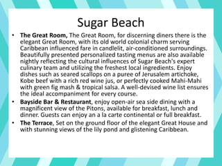 Sugar Beach
• The Great Room, The Great Room, for discerning diners there is the
elegant Great Room, with its old world colonial charm serving
Caribbean influenced fare in candlelit, air-conditioned surroundings.
Beautifully presented personalized tasting menus are also available
nightly reflecting the cultural influences of Sugar Beach's expert
culinary team and utilizing the freshest local ingredients. Enjoy
dishes such as seared scallops on a puree of Jerusalem artichoke,
Kobe beef with a rich red wine jus, or perfectly cooked Mahi-Mahi
with green fig mash & tropical salsa. A well-devised wine list ensures
the ideal accompaniment for every course.
• Bayside Bar & Restaurant, enjoy open-air sea side dining with a
magnificent view of the Pitons, available for breakfast, lunch and
dinner. Guests can enjoy an a la carte continental or full breakfast.
• The Terrace, Set on the ground floor of the elegant Great House and
with stunning views of the lily pond and glistening Caribbean.
 