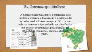 A Representação Qualitativa é empregada para
mostrar a presença, a localização e a extensão das
ocorrências dos fenômenos que se diferenciam
pela sua natureza e tipo, podendo ser classificados
por critérios estabelecidos pelas ciências que
estudam tais fenômenos, segundo Martinelli
(2003a).
 