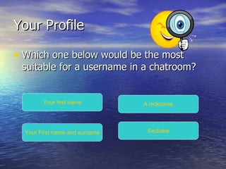 Your Profile Which one below would be the most suitable for a username in a chatroom? Your first name Your First name and surname A nickname Sxcbabe 