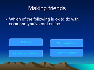 Making friends Which of the following is ok to do with someone you’ve met online. P2P chat Give them your real name Meet up with them Chat in a  chatroom 