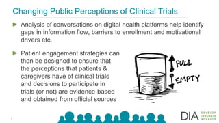 5
Analysis of conversations on digital health platforms help identify
gaps in information flow, barriers to enrollment and motivational
drivers etc.
Changing Public Perceptions of Clinical Trials
Patient engagement strategies can
then be designed to ensure that
the perceptions that patients &
caregivers have of clinical trials
and decisions to participate in
trials (or not) are evidence-based
and obtained from official sources
 