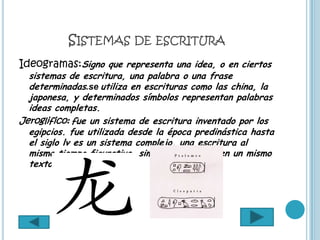 SISTEMAS DE ESCRITURA
Ideogramas:Signo que representa una idea, o en ciertos
  sistemas de escritura, una palabra o una frase
  determinadas.se utiliza en escrituras como las china, la
  japonesa, y determinados símbolos representan palabras
  ideas completas.
Jeroglifico: fue un sistema de escritura inventado por los
  egipcios. fue utilizada desde la época predinástica hasta
  el siglo lv es un sistema complejo, una escritura al
  mismo tiempo figurativa, simbólica fonética en un mismo
  texto.
 