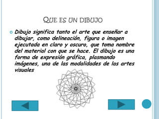 QUE ES UN DIBUJO
   Dibujo significa tanto el arte que enseñar a
    dibujar, como delineación, figura o imagen
    ejecutada en claro y oscuro, que toma nombre
    del material con que se hace. El dibujo es una
    forma de expresión gráfica, plasmando
    imágenes, una de las modalidades de las artes
    visuales
 