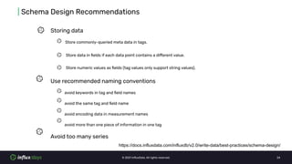 © 2021 InﬂuxData. All rights reserved. 24
| Schema Design Recommendations
Storing data
Store commonly-queried meta data in...