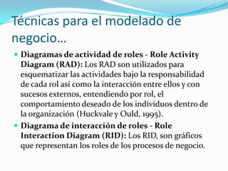 Técnicas para el modelado de negocio…Diagramas de actividad de roles - Role ActivityDiagram (RAD): Los RAD son utilizados para esquematizar las actividades bajo la responsabilidad de cada rol así como la interacción entre ellos y con sucesos externos, entendiendo por rol, el comportamiento deseado de los individuos dentro de la organización (Huckvale y Ould, 1995).Diagrama de interacción de roles - Role InteractionDiagram (RID): Los RID, son gráficos que representan los roles de los procesos de negocio. 