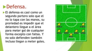 Defensa.
 El defensa es casi como un
segundo portero solo que el
no lo tapa con las manos, su
proriedad es impedir que el
delantero llegue a el área
para meter gol de cualquier
forma excepto con faltas. Y
no solo defienden también
incluso llegan a meter goles.
 
