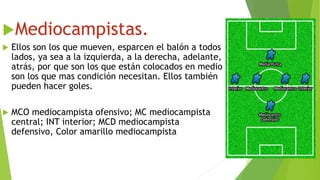 Mediocampistas.
 Ellos son los que mueven, esparcen el balón a todos
lados, ya sea a la izquierda, a la derecha, adelante,
atrás, por que son los que están colocados en medio
son los que mas condición necesitan. Ellos también
pueden hacer goles.
 MCO mediocampista ofensivo; MC mediocampista
central; INT interior; MCD mediocampista
defensivo, Color amarillo mediocampista
 
