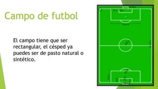 Campo de futbol
El campo tiene que ser
rectangular, el césped ya
puedes ser de pasto natural o
sintético.
 