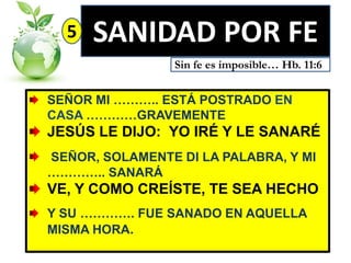 5

SANIDAD POR FE
Sin fe es imposible… Hb. 11:6

SEÑOR MI ……….. ESTÁ POSTRADO EN
CASA …………GRAVEMENTE

JESÚS LE DIJO: YO IRÉ Y LE SANARÉ
SEÑOR, SOLAMENTE DI LA PALABRA, Y MI
………….. SANARÁ

VE, Y COMO CREÍSTE, TE SEA HECHO
Y SU …………. FUE SANADO EN AQUELLA
MISMA HORA.

 