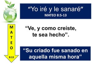 “Yo iré y le sanaré”
MATEO 8:5-13

M
A
T
E
O
8:13

“Ve, y como creíste,
te sea hecho”.
“Su criado fue sanado en
aquella misma hora”

 