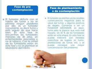  El fumador disfruta con el
hábito de fumar y no se
plantea ningún problema
por ello, es un fumador
consonante, es decir fuma y
está seguro de que hace
bien. En esta fase se
encuentran los fumadores
menores de 30 años, sin
enfermedades asociadas o
no al tabaco. Casi la mitad
de los fumadores están en
esta fase y no se plantean el
abandono del hábito.
 El fumador se plantea ya las posibles
consecuencias negativas para la
salud del fumar, y algunas positivas
de dejarlo. Comienza a ser un
FUMADOR DISONANTE, es decir,
fuma pero le parece que está mal
hacerlo. Un 30 % de los fumadores
están en esta etapa. En esta fase se
puede intervenir con medidas
coercitivas de lugares sin humo,
prohibiciones de fumar, etc. y se
puede conseguir una mayor
concienciación del problema.
Fase de pre
contemplación
Fase de planteamiento
o de contemplación
 
