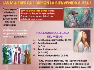 ¿Cómo expresó
Elisabet la
seguridad de
que Jesús era
el Mesías
prometido?
Soy la sierva del Señor estoy
dispuesta hacer lo que ordene.
Conviértanse en realidad tus
palabras (Lucas 1:39-45)
Soy la sierva del Señor estoy
dispuesta hacer lo que ordene.
Conviértanse en realidad tus
palabras (Lucas 1:39-45)
¿Cuál fue el propósito
del glorioso Magnificat
de María? (Lucas 1:46-55)
PROCLAMAR LA LLEGADA
DEL MESÍAS
1. Revolución espiritual (v. 46-50)
2. Revolución moral
(v. 51)
3. Revolución social
(v. 51-54)
4. Revolución profética (v. 55)
Ana, anciana profetisa, fue la primera mujer
evangelista: «hablaba del niño a todos los que
esperaban la redención en Jerusalén» (Lucas 2:38)
 