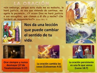 «sin embargo, porque esta viuda me es molesta, le
haré justicia, no sea que viniendo de continuo, me
agote la paciencia… ¿Y acaso Dios no hará justicia
a sus escogidos, que claman a él día y noche? ¿Se
tardará en responderles?» (Lucas 18:5, 7)
Nos da una lección
que puede cambiar
el sentido de tu
vida.
Orar siempre y nunca
desmayar (1ª de
Tesalonicenses 5:17)
La oración cambia las
cosas (Colosenses 4:3)
La oración persistente
es una fe que vence
(Lucas 18:7)
 