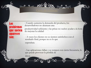Crisis del software

Los
problemas
que suelen
aparecer
son:

- Cuando aumenta la demanda del producto, los
desarrolladores no alcanzan una
productividad suficiente y las prisas no suelen ayudar a la hora
de mejorar la calidad
- A veces los clientes no se sienten satisfechos con el
resultado final, porque no es lo que
esperaban.
- Las aplicaciones fallan y se rompen con cierta frecuencia, lo
que puede provocar la pérdida de
datos.

 