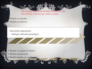 Hay un gran número de modelos de ciclo de vida
del software, entre los que vamos a tratar:
• Modelo en cascada.
• Modelos evolutivos:

Desarrollo exploratorio.
􀂃 Enfoque utilizando prototipos.

􀂃

• Modelo en espiral. Evolutivo.
• Modelo incremental.
• Modelo basado en reutilización.

 