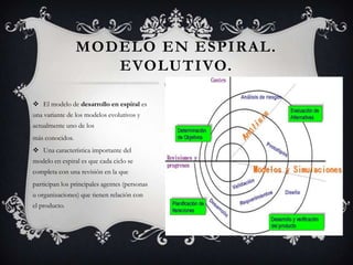 MODELO EN ESPIRAL.
EVOLUTIVO.
 El modelo de desarrollo en espiral es
una variante de los modelos evolutivos y
actualmente uno de los
más conocidos.
 Una característica importante del
modelo en espiral es que cada ciclo se
completa con una revisión en la que
participan los principales agentes (personas
u organizaciones) que tienen relación con
el producto.

 