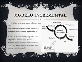 MODELO INCREMENTAL.
 El enfoque incremental de desarrollo surge como
una
forma de reducir la repetición del trabajo en el
proceso de desarrollo y dar oportunidad de
retrasar
la toma de decisiones en los requisitos hasta
adquirir experiencia con el sistema.
Reduce el proceso de rehacer trabajo durante el
desarrollo y permite retrasar las decisiones hasta
conocer mejor el sistema.32

 