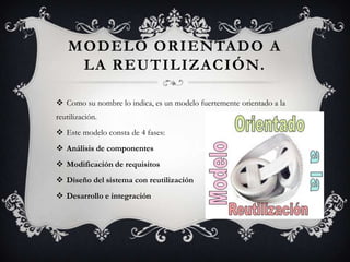 MODELO ORIENTADO A
LA REUTILIZACIÓN.
 Como su nombre lo indica, es un modelo fuertemente orientado a la
reutilización.
 Este modelo consta de 4 fases:
 Análisis de componentes
 Modificación de requisitos
 Diseño del sistema con reutilización
 Desarrollo e integración

 
